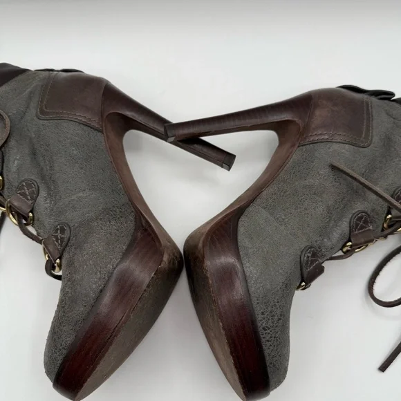 Tory Burch Lawson Bootie Pewter Brown Leather Platform Stiletto Ankle Boots 8.5 - Picture 13 of 17